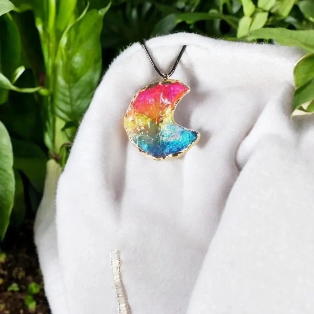 1 LEFT! Rainbow Raw Stone Moon Pendant Necklace
